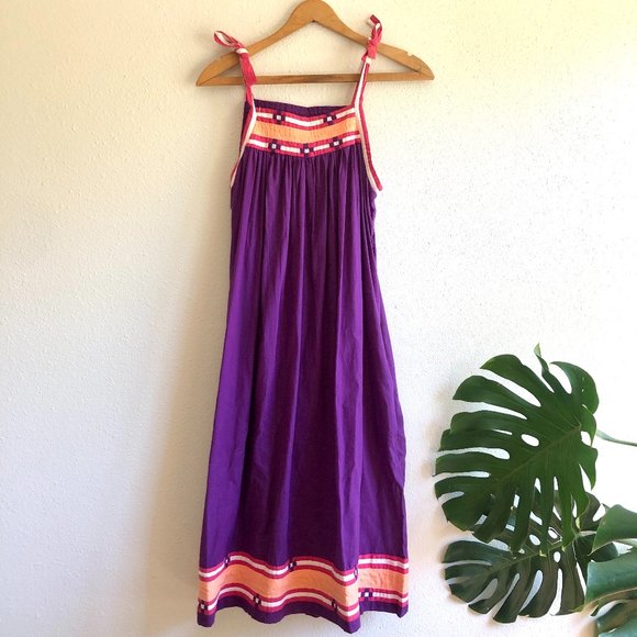 Vintage 1970s Cotton Indus Purple Pink Sundress Bohemian A-Frame Midi Tent Dress - Picture 1 of 5